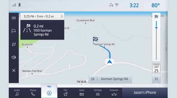 A navigation screen showing the address and distance to a destination that is marked with a checkered flag.