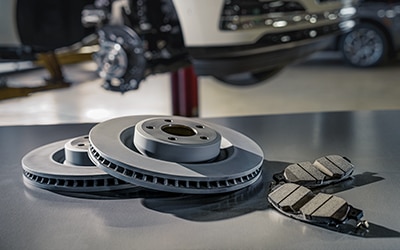 Brake parts in a service bay.