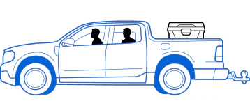 Line drawing illustration of a pickup truck with two passengers towing a travel trailer with luggage on top.