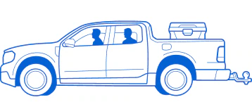 Line drawing illustration of a pickup truck with two passengers towing a travel trailer with luggage on top.
