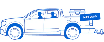 Pickup truck with two passengers towing a travel trailer with luggage on top