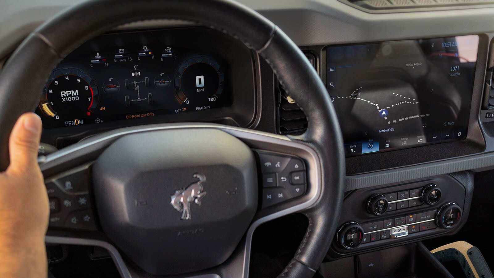 The interior dashboard of the Ford Bronco® SUV.