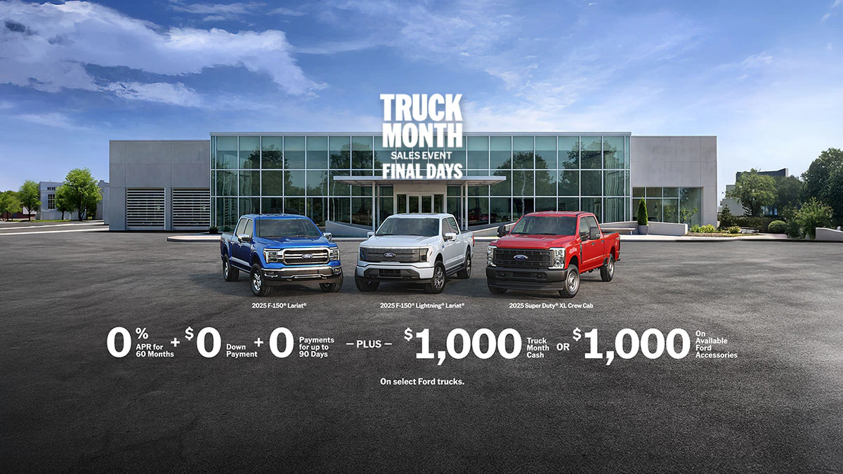 The F-150®, F-150® Lightning®, and Super Duty® trucks parked outside a dealership.