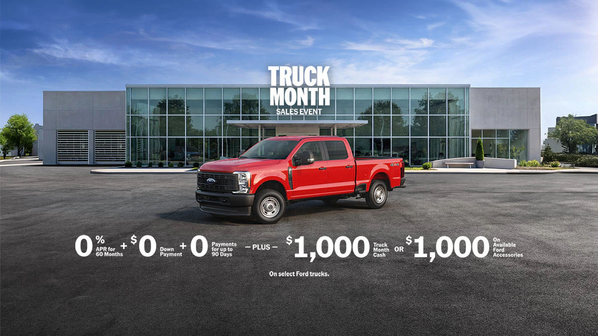 The Super Duty® truck parked outside a dealership.