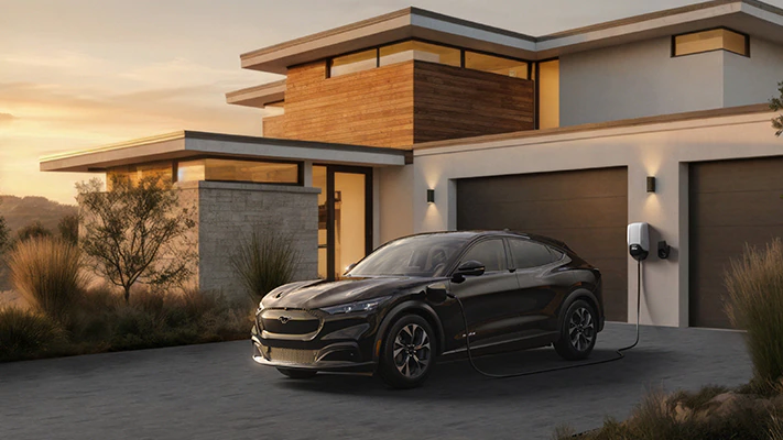 The Mustang Mach-E® SUV charges up while parked in the driveway of a contemporary home.