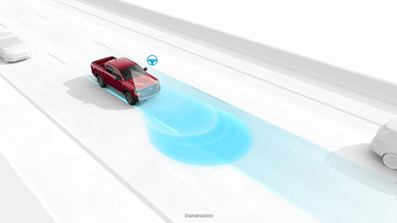 A computer-generated image depicts a Ranger® pickup using Co-Pilot 360 technology to detect the lane.